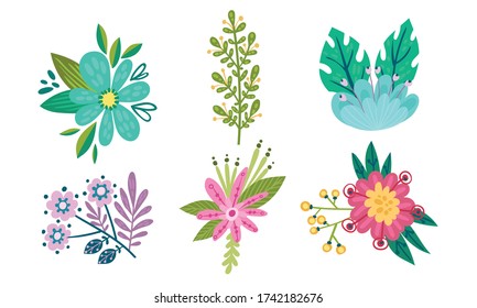 Fancy Shaped Floral Compositions with Green Branches and Flower Buds Vector Set