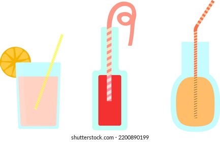 Fancy shaped glass with juice collection. strawberry, orange and pomegranate juice glass with straws clipart.