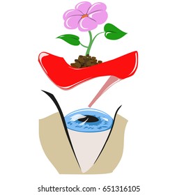 A fancy shoe with a flower touches an eye. Vector illustration.