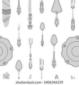 Plata Fancy Cutlery patrón impecable con cuchillo de mesa, cuchara, tenedor, servilleta, postre, té. Varias formas. Estilo vintage. Restaurante, concepto de cena. Ilustración del vector aislada en el fondo