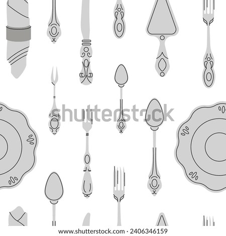 Fancy silver Cutlery seamless pattern set with table knife, spoon, fork, napkin, dessert, tea. Various shapes. Vintage style. Restaurant, dinner concept. Vector illustration isolated on background