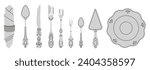 Fancy silver Cutlery set with table knife, spoon, fork, napkin, dessert, tea. Various shapes. Vintage style. Restaurant, dinner concept. Hand drawn modern Vector illustration isolated on background