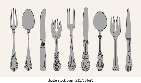 Fancy Silver Cutlery Set With Table Knife, Spoon, Fork, Fish Spoon. Various Shapes. Vintage Style. Restaurant, Dinner Concept. Hand Drawn Modern Vector Illustration. All Elements Are Isolated