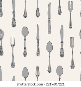 Fancy silver Cutlery set with table knife, spoon, fork, fish spoon. Various shapes. Vintage style. Restaurant, food concept. Hand drawn Vector illustration. Square seamless Pattern