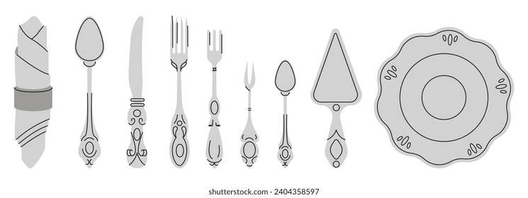 Fancy silver Cutlery set with table knife, spoon, fork, napkin, dessert, tea. Various shapes. Vintage style. Restaurant, dinner concept. Hand drawn modern Vector illustration isolated on background