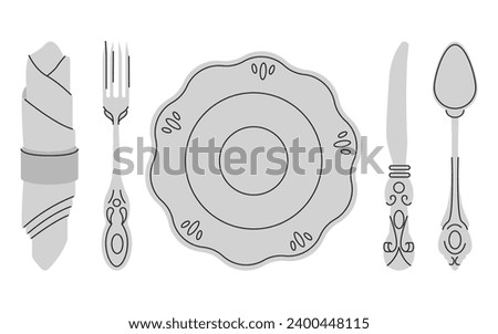 Fancy silver Cutlery set with table knife, spoon, fork, napkin, dessert, tea. Various shapes. Vintage style. Restaurant, dinner concept. Hand drawn modern Vector illustration isolated on background