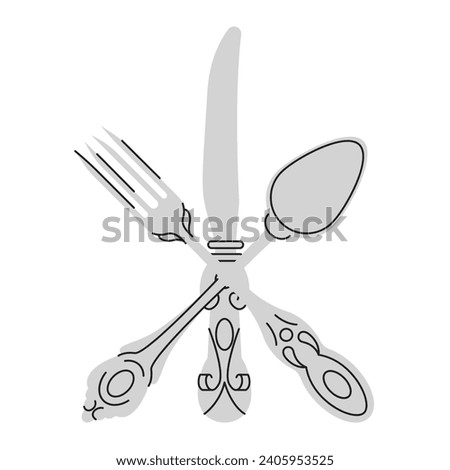 Fancy silver Cutlery set with table knife, spoon, fork, napkin, dessert, tea. Various shapes. Vintage style. Restaurant, dinner concept. Hand drawn modern Vector illustration isolated on background
