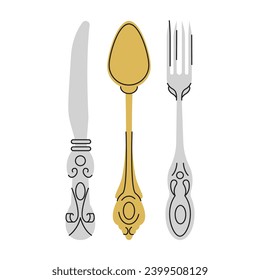 Fancy silver golden Cutlery set with table knife, spoon, fork, napkin, dessert, tea. Various shapes. Vintage style. Restaurant, dinner concept. Hand drawn Vector illustration isolated on background