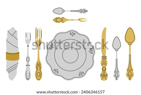Fancy silver golden Cutlery set with table knife, spoon, fork, napkin, dessert, tea. Various shapes. Vintage style. Restaurant, dinner concept. Hand drawn Vector illustration isolated on background