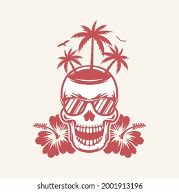 Fancy skull in sunglasses with hibiscus t-shirt print. Design for poster, print on the theme of summer. Vector vintage illustration. Vector vintage illustration.