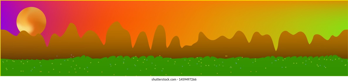 Fancy sky, and mountains landscape. Abstract, horizontal texture background picture. Colorful skinali background abstraction. Clear glass print fantasy. Horizon, blur. Old game style.
