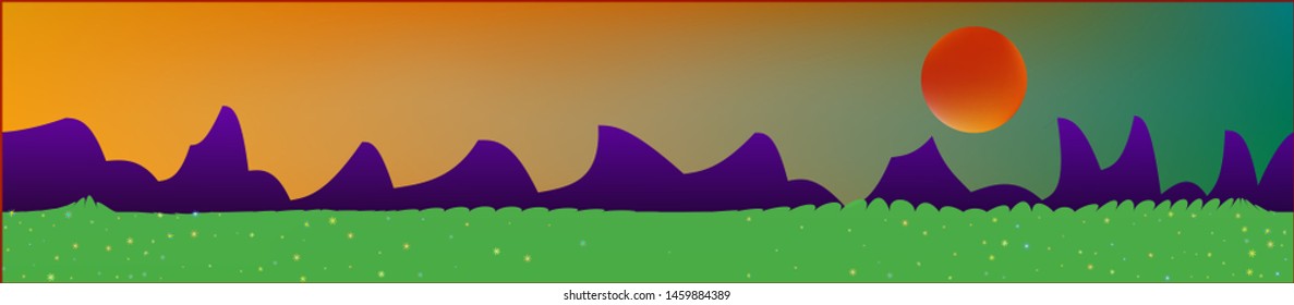 Fancy sky, and mountains landscape. Abstract, horizontal texture background picture. Colorful skinali background abstraction. Pristine glass print fantasy. Horizon, smoot. Old game style.