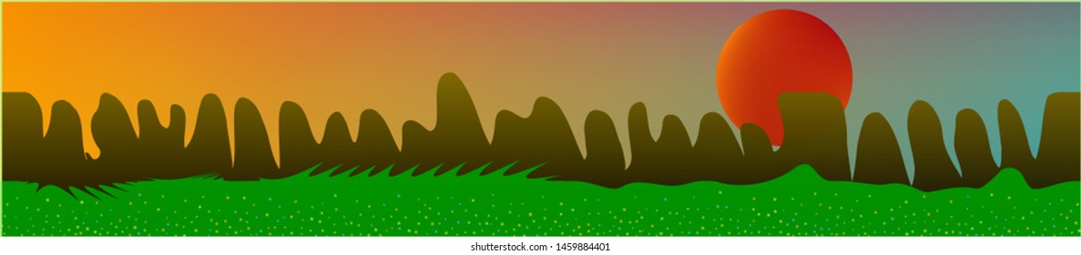 Fancy sky, and mountains landscape. Abstract, horizontal texture background picture. Colorful skinali background abstraction. Net glass print fantasy. Horizon, bright. Old game style.