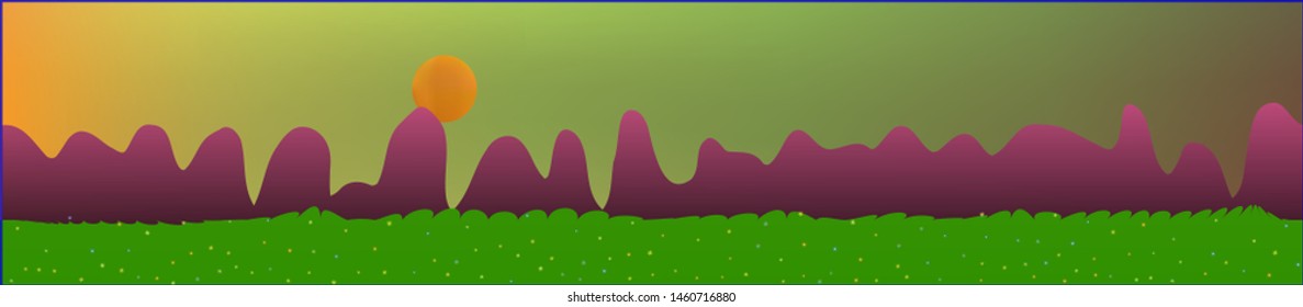 Fancy sky, and mountains landscape. Abstract, horizontal texture background picture. Colorful skinali background abstraction. Pristine glass print fantasy. Horizon, light. Old game style.