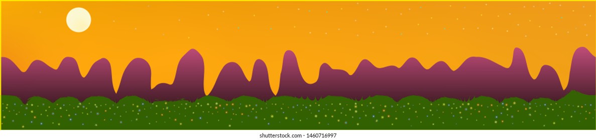Fancy sky, and mountains landscape. Abstract, horizontal texture background picture. Colorful skinali background abstraction. Pristine glass print fantasy. Horizon, chilly. Old game style.