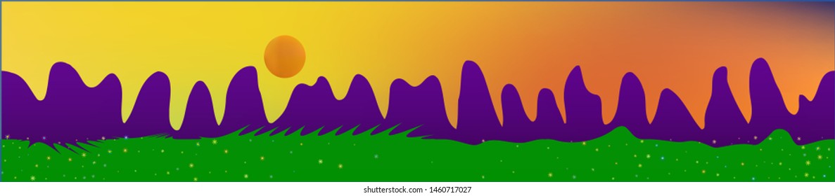 Fancy sky, and mountains landscape. Abstract, horizontal texture background picture. Colorful skinali background abstraction. Fresh glass print fantasy. Horizon, mesh. Old game style.