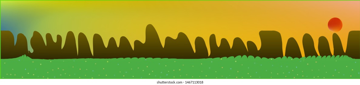 Fancy sky, and mountains landscape. Abstract, horizontal texture background picture. Colorful skinali background abstraction. New glass print fantasy. Horizon, blend. Old game style.
