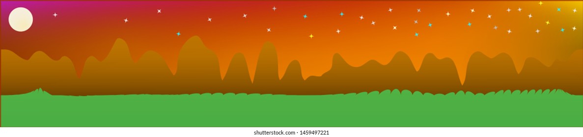 Fancy sky, and mountains landscape. Fairy tale panoramic landscape. Landscape fable. Cool glass print fantasy. Horizon, unused. Old game style.