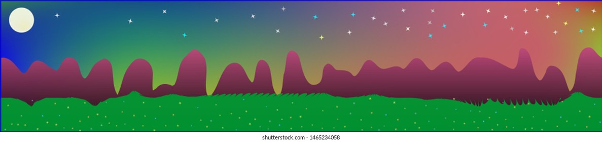 Fancy sky, and mountains landscape. Fairy tale panoramic landscape. Landscape fable. Cool glass print fantasy. Horizon, graphic. Old game style.