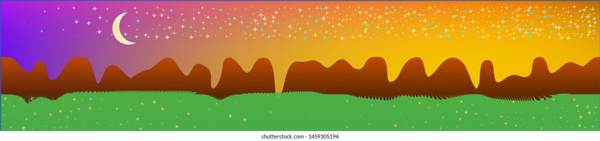 Fancy sky, and mountains landscape. Game style panaramic pattern. Concept skinali mesh pattern. Crisp glass print fantasy. Horizon, chilly. Old game style.