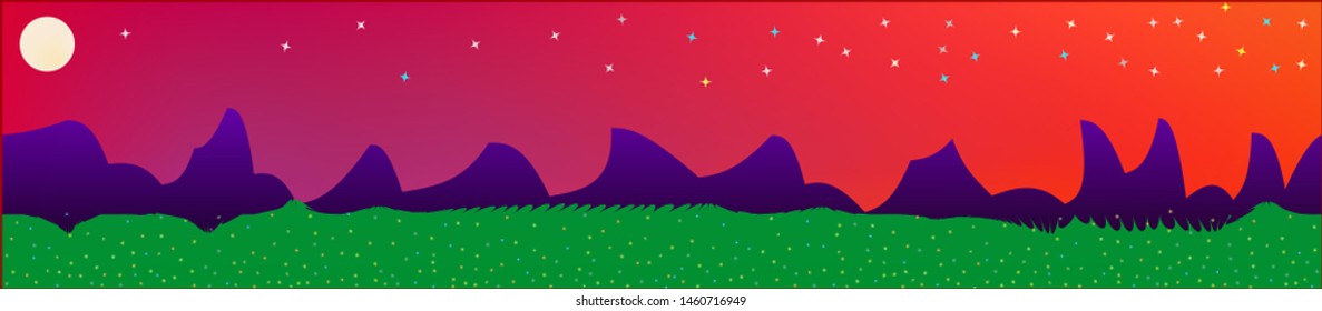 Fancy sky, and mountains landscape. Game style panaramic pattern. Concept skinali mesh pattern. Recent glass print fantasy. Horizon, mesh. Old game style.