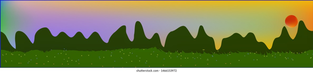 Fancy sky, and mountains landscape. Game style panaramic pattern. Concept skinali mesh pattern. Clean glass print fantasy. Horizon, blur. Old game style.