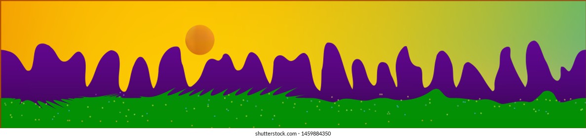 Fancy sky, and mountains landscape. Light colorful skinali art design. Wide artistic view. Clean glass print fantasy. Horizon, modern. Old game style.