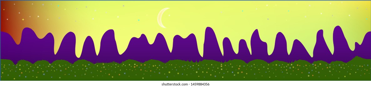 Fancy sky, and mountains landscape. Light colorful skinali art design. Wide artistic view. Cool glass print fantasy. Horizon, light. Old game style.