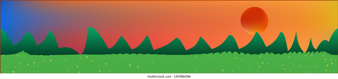 Fancy sky, and mountains landscape. Light colorful skinali art design. Wide artistic view. New glass print fantasy. Horizon, unused. Old game style.