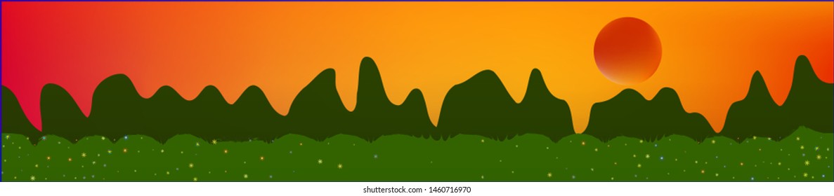 Fancy sky, and mountains landscape. Light colorful skinali art design. Wide artistic view. Pristine glass print fantasy. Horizon, texture. Old game style.