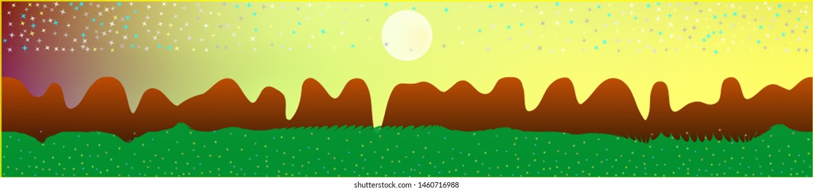 Fancy sky, and mountains landscape. Light glass print panaramic design. Glass print skinali light and dark. Pristine glass print fantasy. Horizon, blur. Old game style.