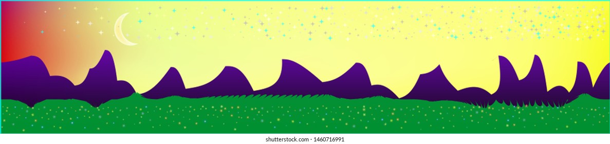 Fancy sky, and mountains landscape. Light colorful skinali art design. Wide artistic view. Breezy glass print fantasy. Horizon, bright. Old game style.