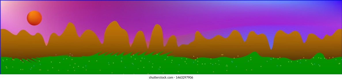 Fancy sky, and mountains landscape. Light glass print panaramic design. Glass print skinali light and dark. New glass print fantasy. Horizon, smoot. Old game style.