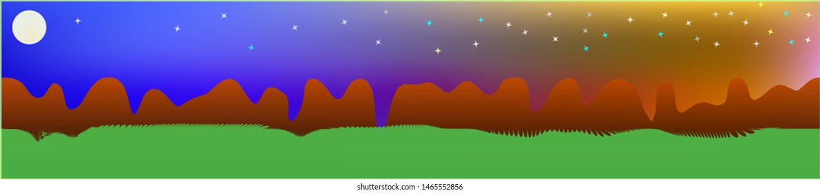 Fancy sky, and mountains landscape. Light colorful skinali art design. Wide artistic view. Fresh glass print fantasy. Horizon, modern. Old game style.