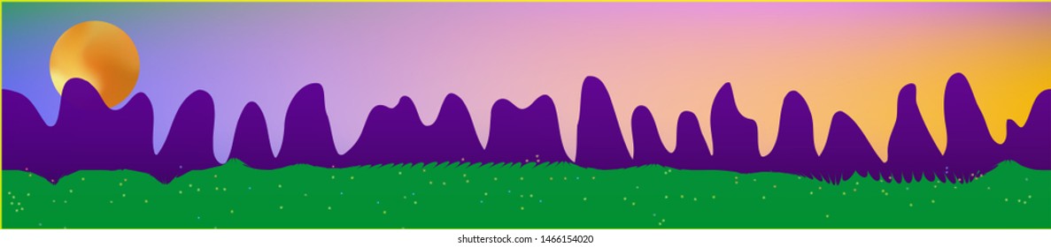 Fancy sky, and mountains landscape. Light glass print panaramic design. Glass print skinali light and dark. Net glass print fantasy. Horizon, modern. Old game style.