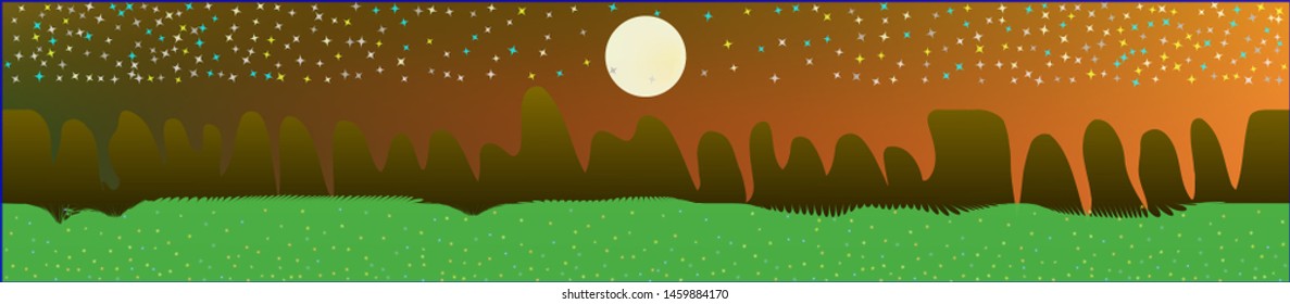 Fancy sky, and mountains landscape. Panoramic horizontal design. Trendy panoramic design. Breezy glass print fantasy. Horizon, modern. Old game style.