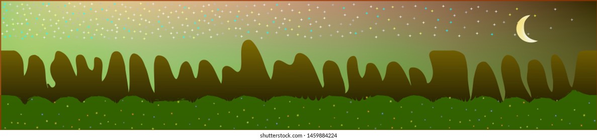Fancy sky, and mountains landscape. Panoramic horizontal design. Trendy panoramic design. New glass print fantasy. Horizon, unused. Old game style.