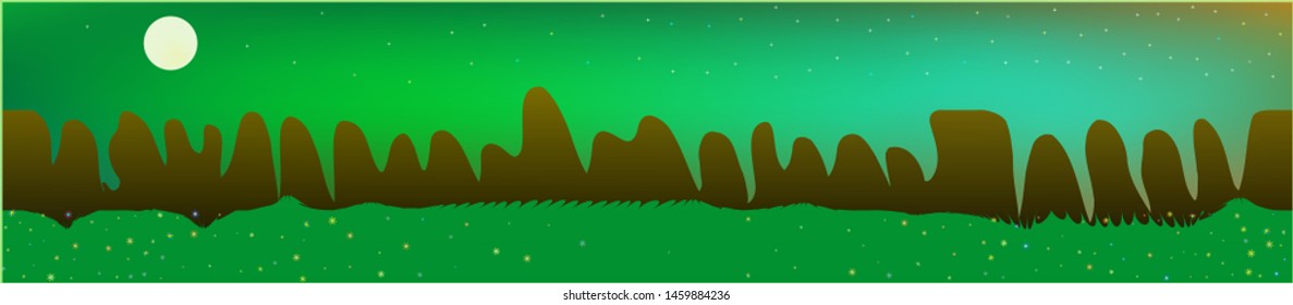 Fancy sky, and mountains landscape. Panoramic horizontal design. Trendy panoramic design. Pristine glass print fantasy. Horizon, smoot. Old game style.