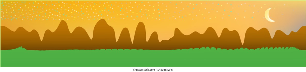 Fancy sky, and mountains landscape. Panoramic horizontal design. Trendy panoramic design. Fresh glass print fantasy. Horizon, texture. Old game style.