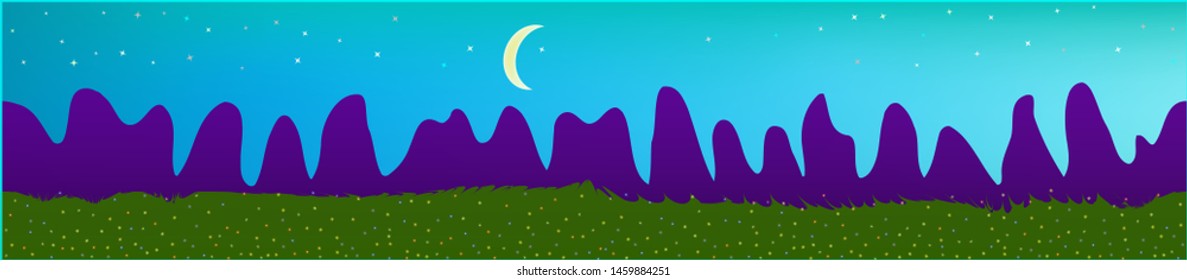 Fancy sky, and mountains landscape. Panoramic horizontal design. Trendy panoramic design. Pure glass print fantasy. Horizon, chilly. Old game style.