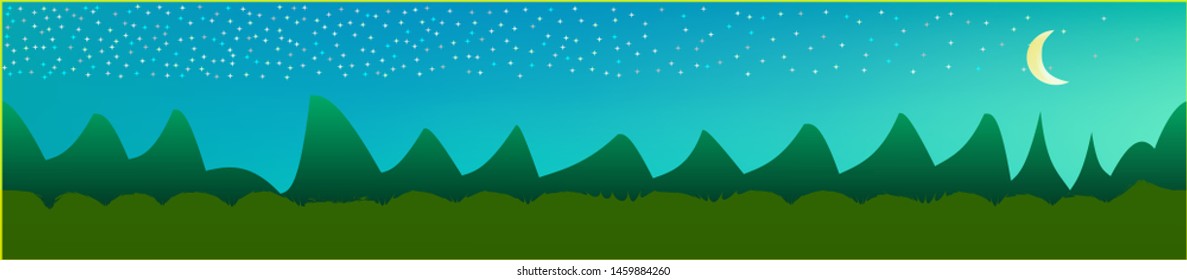 Fancy sky, and mountains landscape. Panoramic horizontal design. Trendy panoramic design. New glass print fantasy. Horizon, texture. Old game style.