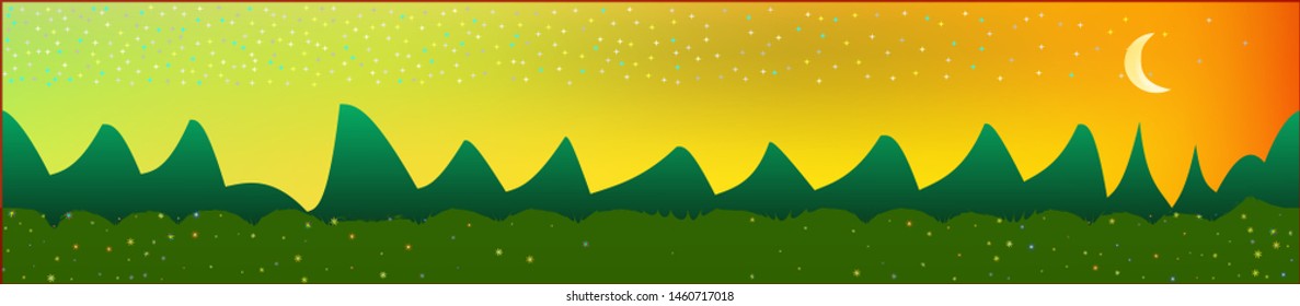 Fancy sky, and mountains landscape. Panoramic horizontal design. Trendy panoramic design. Clear glass print fantasy. Horizon, unused. Old game style.