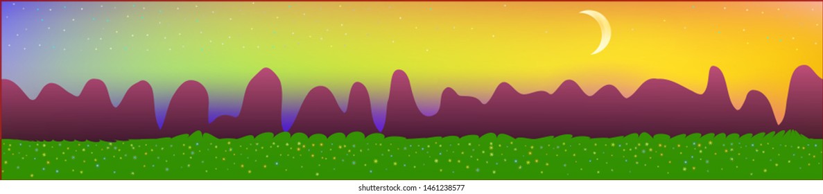 Fancy sky, and mountains landscape. Panoramic horizontal design. Trendy panoramic design. New glass print fantasy. Horizon, graphic. Old game style.