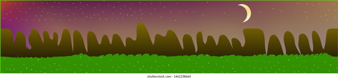 Fancy sky, and mountains landscape. Panoramic horizontal design. Trendy panoramic design. Clear glass print fantasy. Horizon, smoot. Old game style.