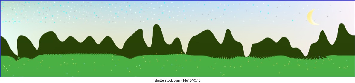 Fancy sky, and mountains landscape. Panoramic horizontal design. Trendy panoramic design. Recent glass print fantasy. Horizon, blur. Old game style.