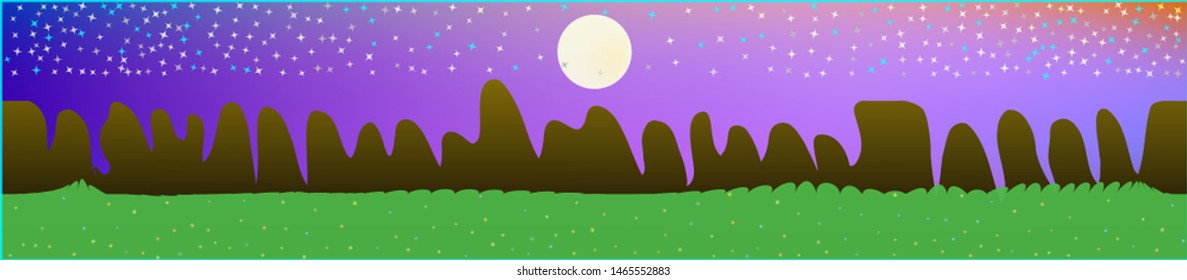 Fancy sky, and mountains landscape. Panoramic horizontal design. Trendy panoramic design. Breezy glass print fantasy. Horizon, mesh. Old game style.