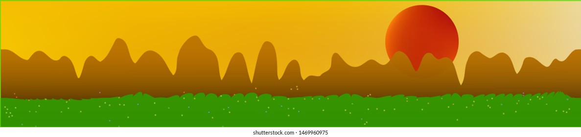 Fancy sky, and mountains landscape. Panoramic horizontal design. Trendy panoramic design. Pristine glass print fantasy. Horizon, blur. Old game style.