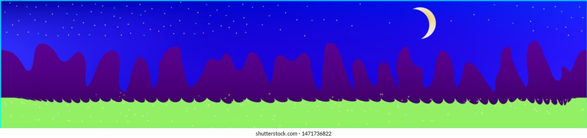 Fancy sky, and mountains landscape. Panoramic horizontal design. Trendy panoramic design. Clear glass print fantasy. Horizon, light. Old game style.