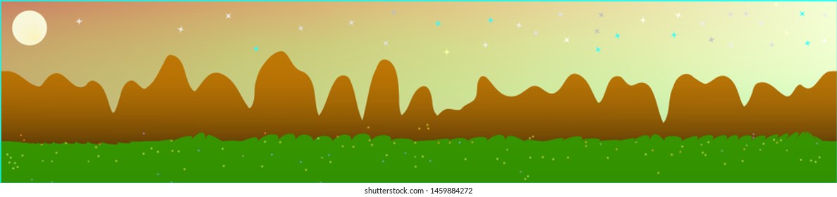 Fancy sky, and mountains landscape. Plain horizontal background illustration. Trendy fairy tale plain design. Fresh glass print fantasy. Horizon, graphic. Old game style.