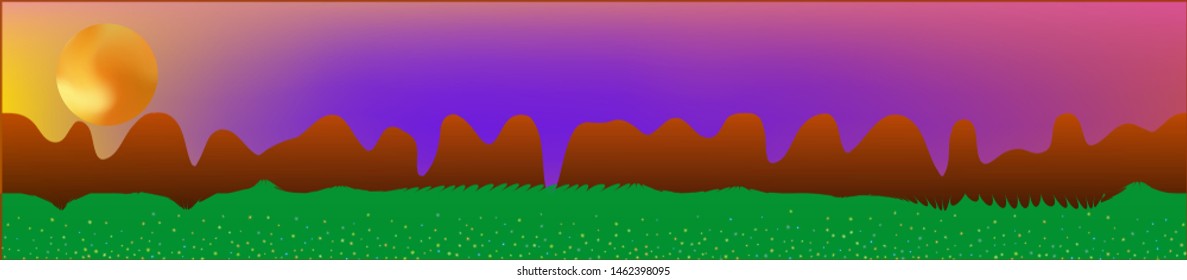 Fancy sky, and mountains landscape. Plain horizontal background illustration. Trendy fairy tale plain design. Cool glass print fantasy. Horizon, graphic. Old game style.